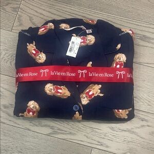 La Vie En Rose Dark Blue Pajama Set with Bear Design